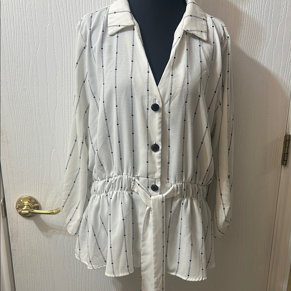 Sweet rain Striped Button-Up Blouse with Belt